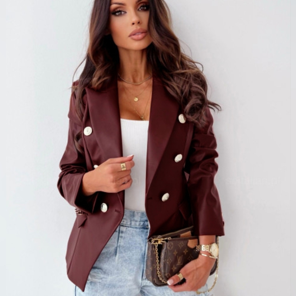 Burgundy Double-Breasted Women's Faux Leather Blazer - Picture 5 of 7